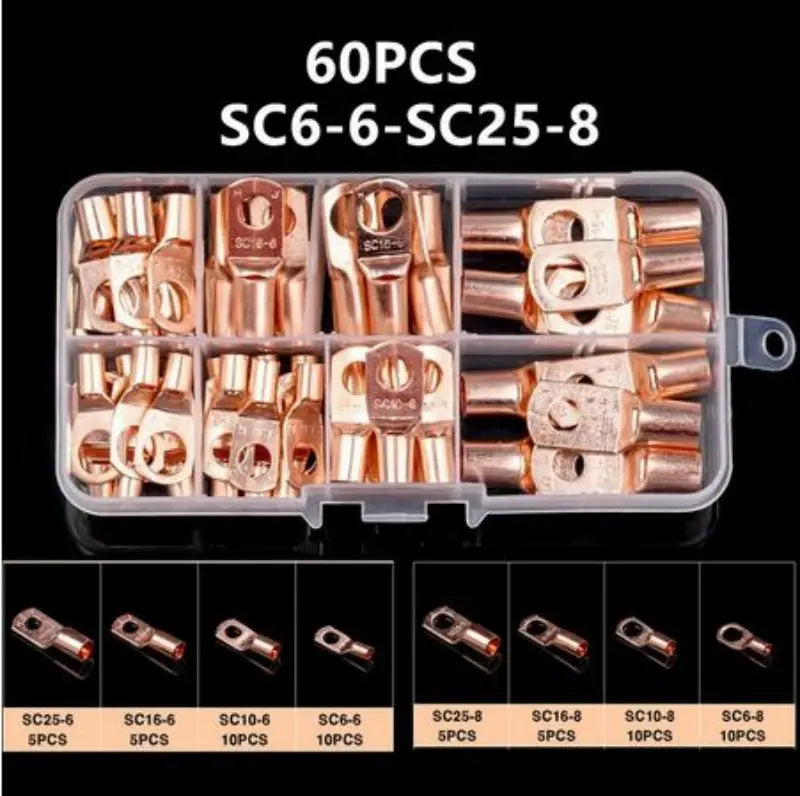 60pcs Assortment Car Auto Copper Ring Terminal Wire Crimp Connector Bare Cable Battery Terminals Soldered Connectors Kit HX-50B