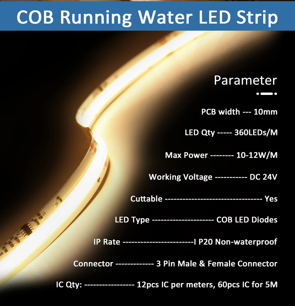 COB Horse Race LED Strip 24V WS2811 Running Water Flowing Light 360LEDs/m RF Touch Panel Controller 5M for Home Decoration