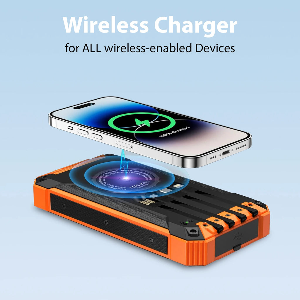 36000mAh Solar Power Bank 18W Wireless Charge With 4 Charging Heads LED Lamp Flashlight for Outdoor Battery Portable