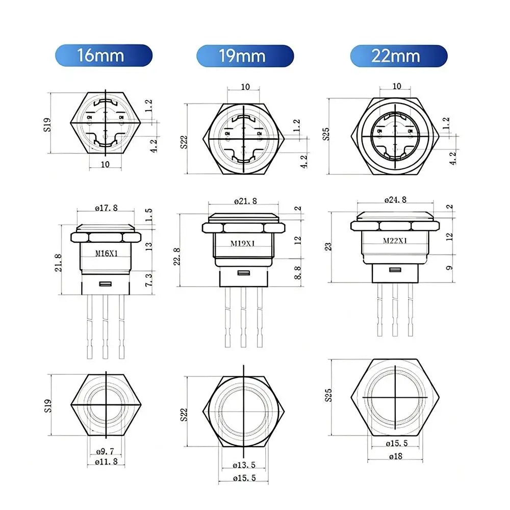 New 16/19/22mm Push Button Switch Metal Latching Action Panel Mount Switch Pre-Wired Illuminated Ring Short Body