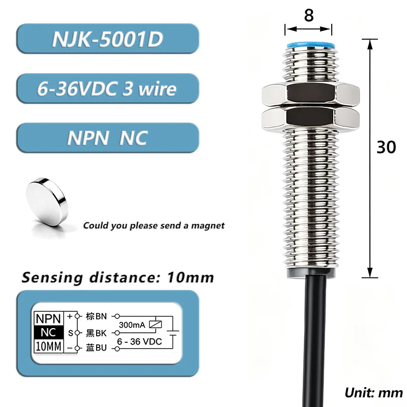 M8 Hall Magnetic Proximity Sensor Switch PNP/NPN NO NC 10-30V DC 3-Wire Sensing Distance 10mm IP67 Reed Proximity Sensor