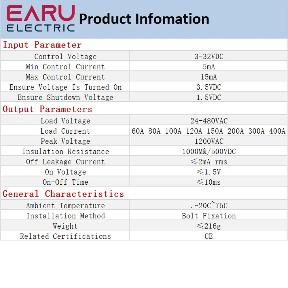 EARU Industrial Solid State Relay SSR Module Single Phase Input 3-32VDC Output 24-480VAC Industrial 60A 80A 100A 150A 200A 300A