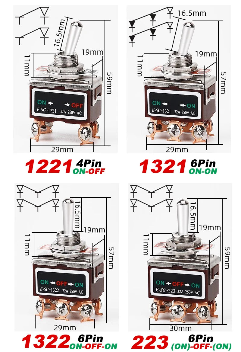 High Current Rocker Switch 2/3/4/6/8/9/12Pin Self Reset/Self-locking Toggle Switch Copper Pin 32A 250VAC Power Button Switch
