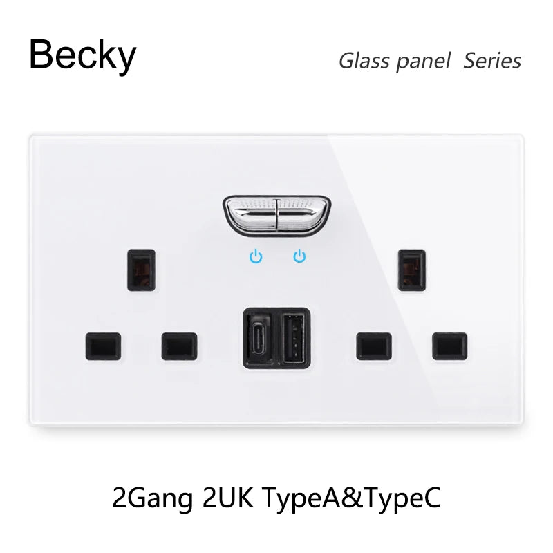 146 13a Reset Toggle Tempered Glass 2Gang UK Socket Switch Combination Panel Power Socket Office Hotel Home Villa Decoration