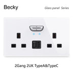 146 13a Reset Toggle Tempered Glass 2Gang UK Socket Switch Combination Panel Power Socket Office Hotel Home Villa Decoration
