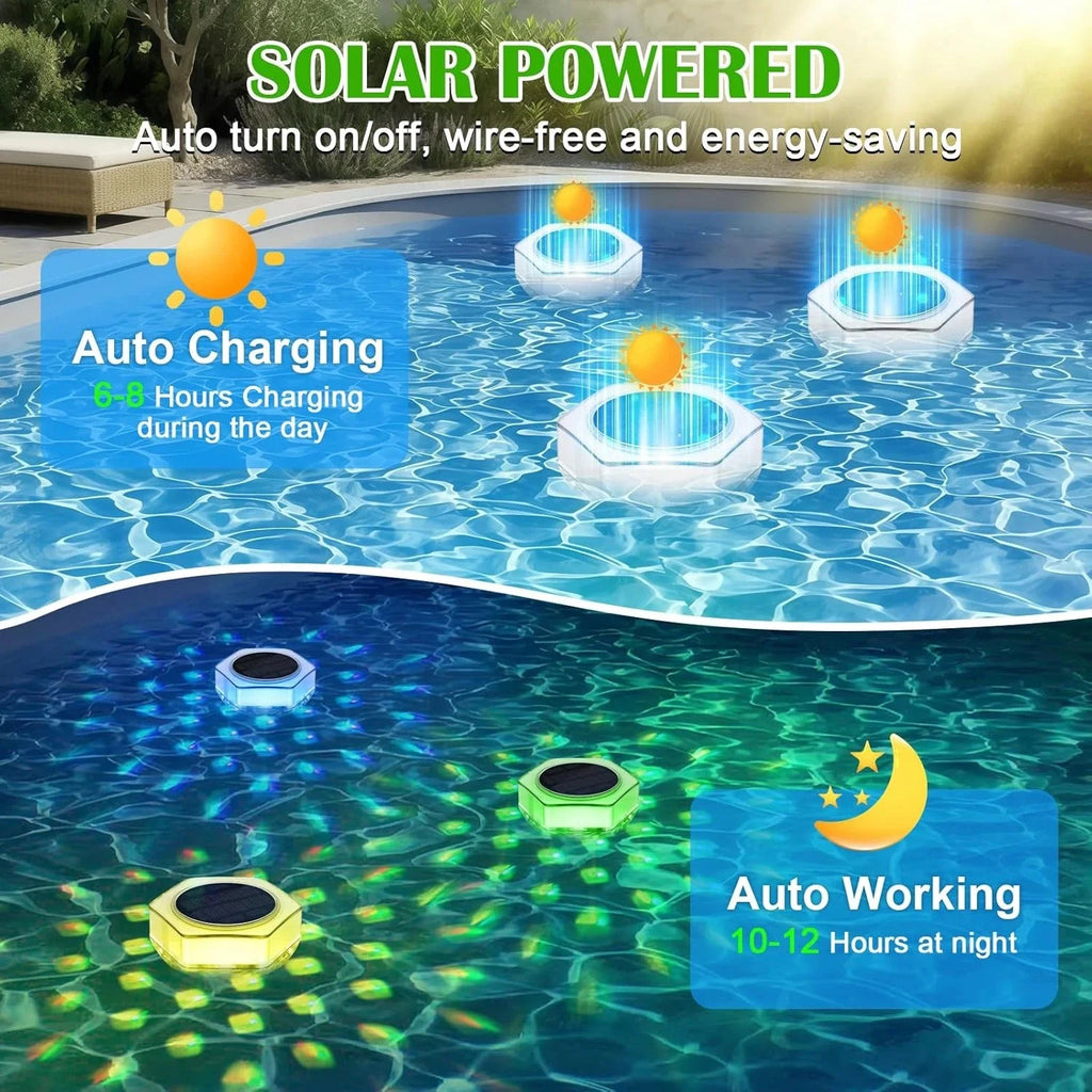 Solar Pool Lights 1/2 Pack, RGB Changing Floating Pool Lights with 10m Remote Control, 4 Dimming, 13 Lighting, Timing Mode, IP68 Waterproof for Inground/Above Ground Pool, Party Decoration