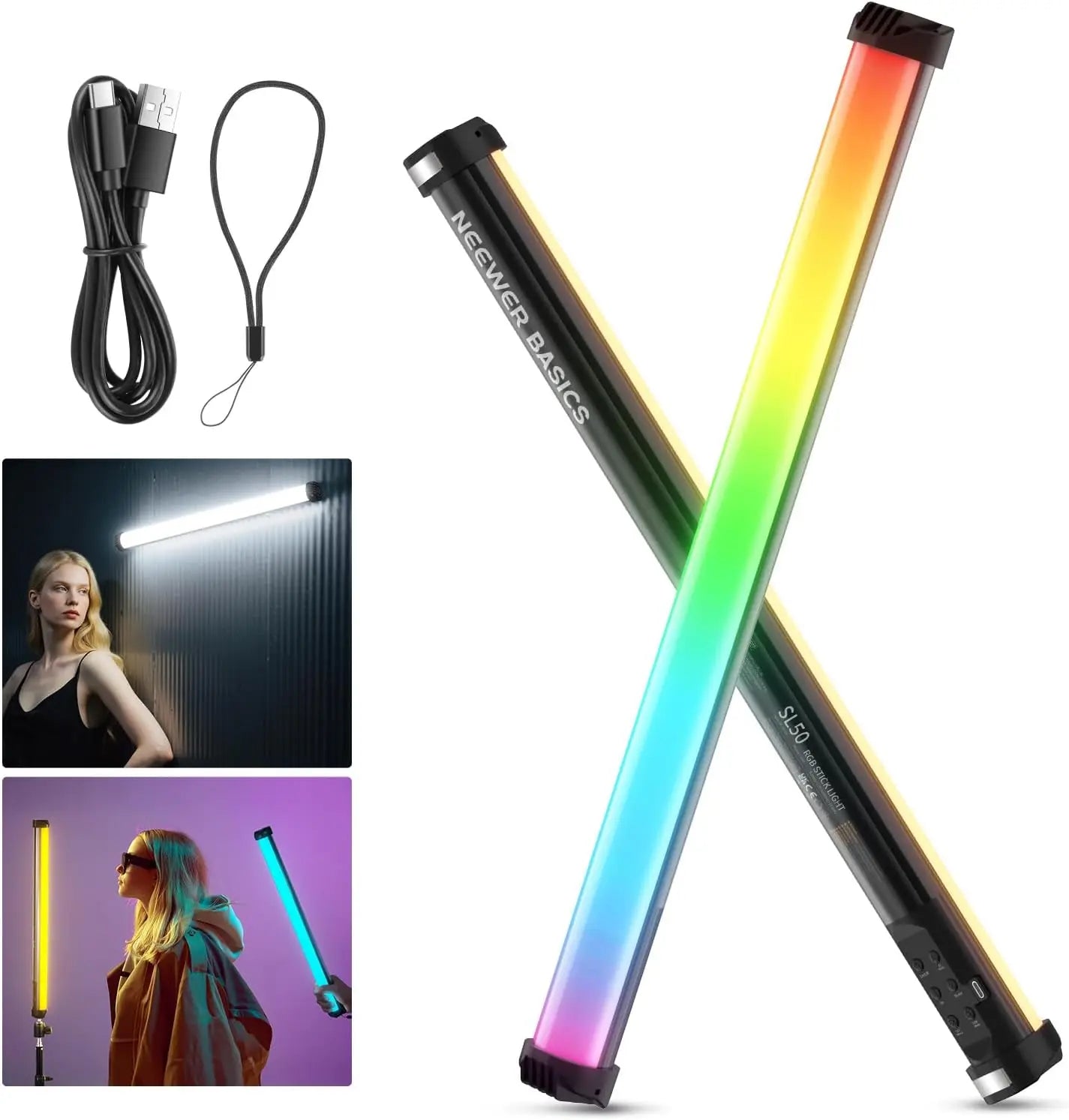 NEEWER Basics 12"/21" Magnetic RGB Light Wand, CRI95 Dimmable 14W LED Handheld Video Tube Lighting Stick with 51 RGB Modes