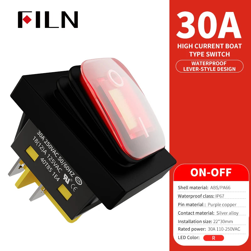 FILN 30A/220V Heavy Duty 4 Pin DPST IP67 Sealed Waterproof T85 Auto Boat Marine Toggle Rocker Switch with LED 12V 220V 30x22