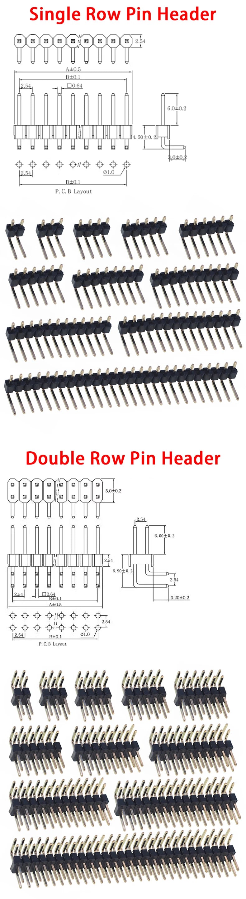 20PCS 2.54mm Single Row single pin curved Pin Header Connector Double row pin header 2P/3P/4P/5P/6P/8P/10P Strip Curved Needle