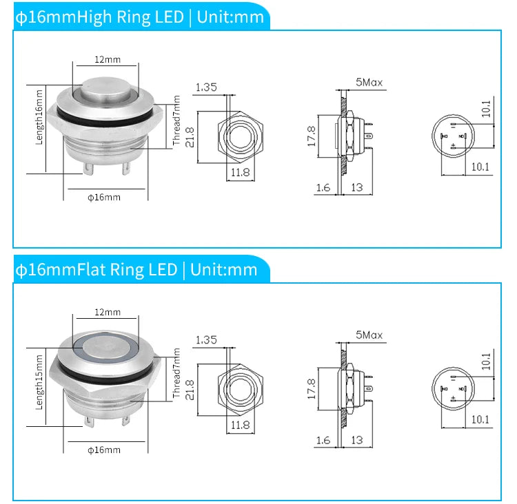 12mm 16mm 19mm 22mm Ultra Short Micro Stroke Stainless Steel Push Button Switch with LED Lamp Waterproof Self-reset/Momentary