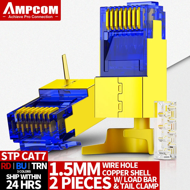 AMPCOM CAT7 Pass Through RJ45 Modular Plug Network Connectors STP 3/50μ Gold-Plated 8P8C Crimp End for Ethernet Cable