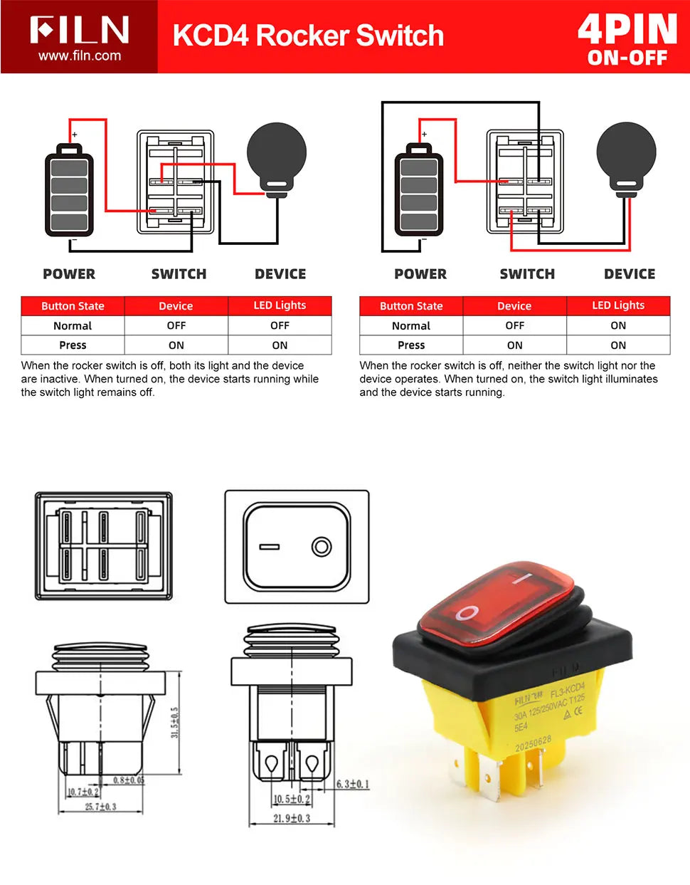FILN Heavy Duty IP68 Waterproof LED Toggle Rocker Switch T8530A12V/220VRed/Blue/Green ON/OFF Ideal for Car & Marine Use
