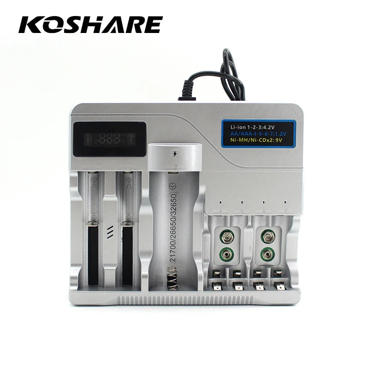 KOSHARE LED Smart Battery Charger For AA AAA Ni-MH Ni-Cd 9V Batteries 18650/16340/14500/21700 /26650/32650 Lithium Battery
