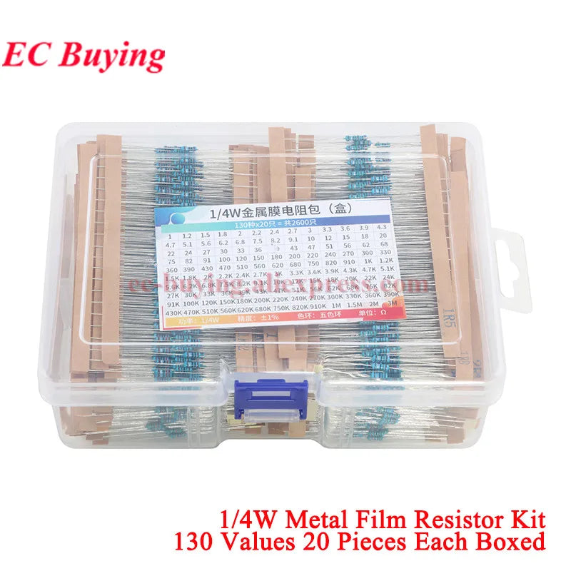 2600Pcs/150pcs 1/4W 1/2W 1W 2W 3W 5W Metal Film Resistor Assortment Kit 1% 0.25W 0.5W Resistance Set Electronic Components Kits