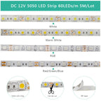 5M 12V LED Strip Light 3528 5050 SMD LED Tape RGB Red Green Blue White Warm White Waterproof Flexible Light for Home Decor