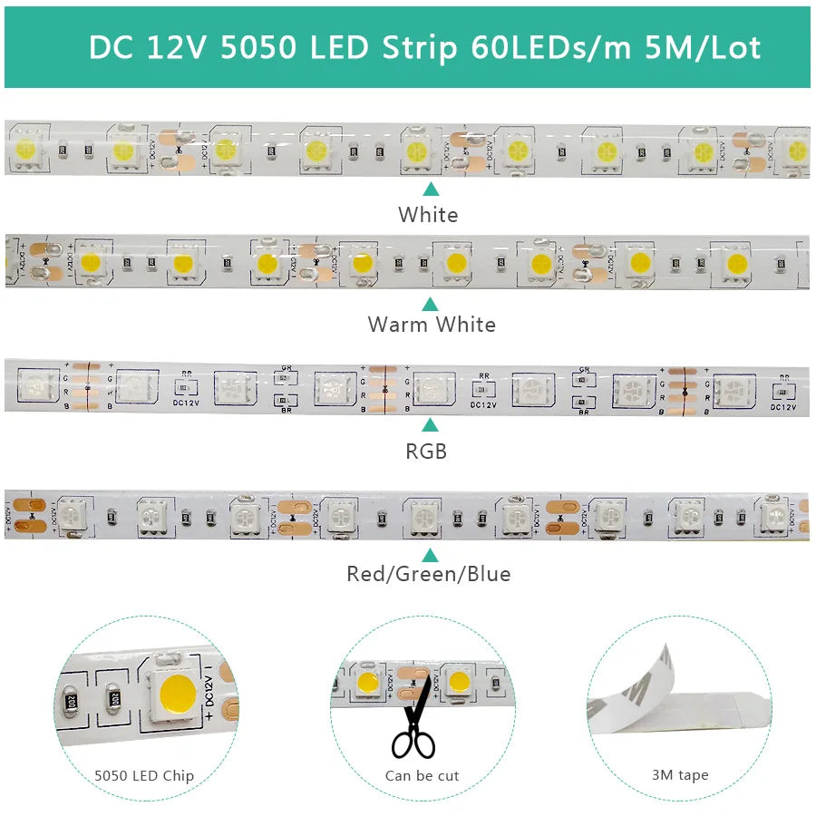 5M 12V LED Strip Light 3528 5050 SMD LED Tape RGB Red Green Blue White Warm White Waterproof Flexible Light for Home Decor
