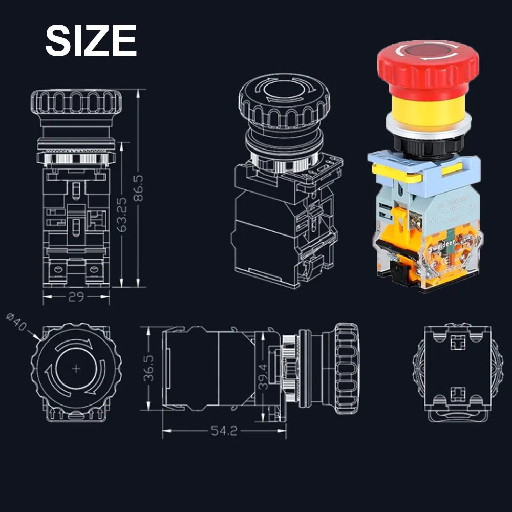 30mm Emergency Stop Button Switch with Light Mushroom Emergency Stop Power Switch Control Electrical Starter Switch 220V 10A NC