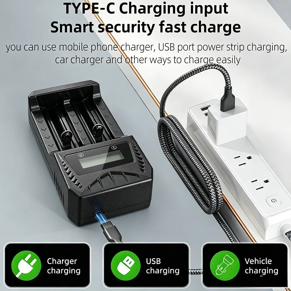 PHOMAX 18650 LCD Rechargeable Battery Fast Charger For Li-ion 18650 26650 14500 16340 18500 & AA AAA 1.2V Ni-MH Ni-Cd Battery