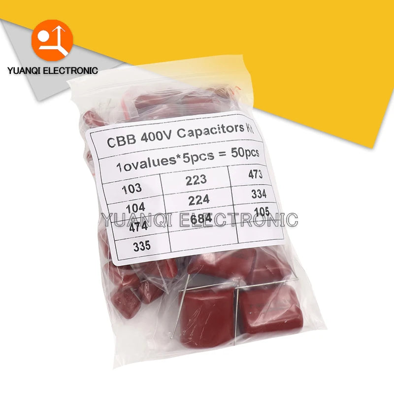 50PCS/LOT 10NF-3.3UF CBB Capacitor Assortment Kit 400V 10NF - 3.3UF 10values Metallized Polyester Film Capacitors KIT DIY