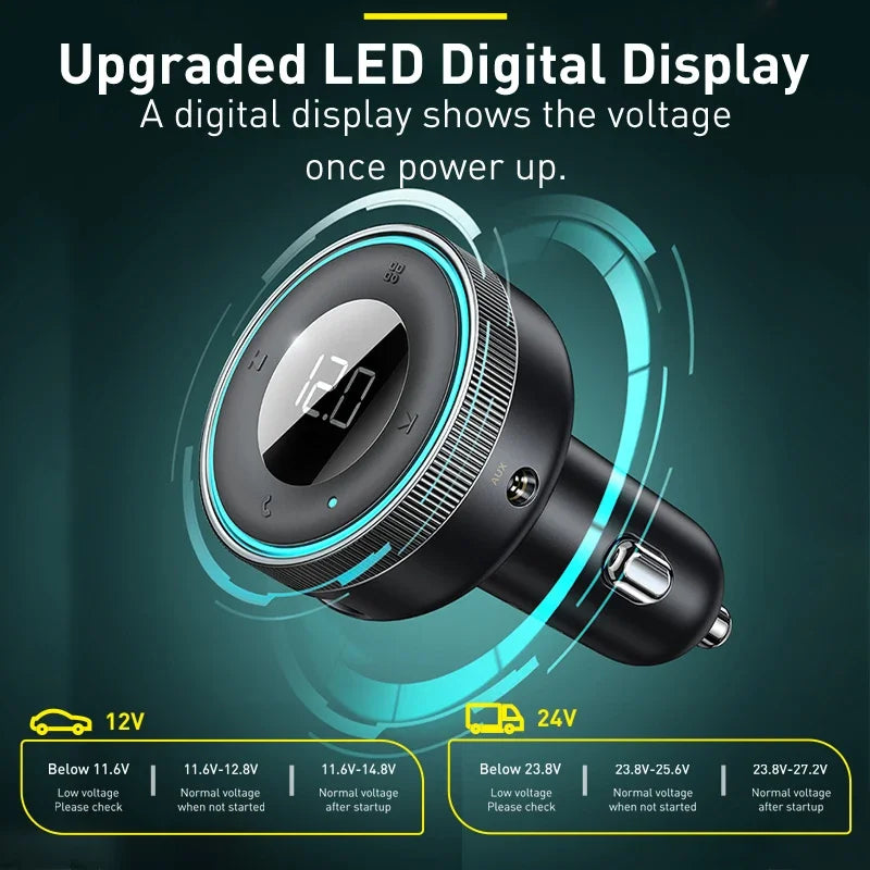 Bluetooth 5.3 FM Transmitter Car Cigarette Lighter Dual USB Fast Charging Handsfree Calling Vehicle Audio Receiver