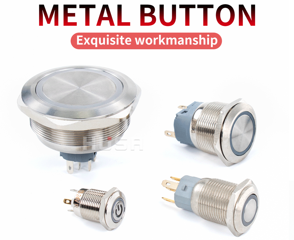 16 19 22mm With Wire Waterproof Metal Push Button Switch  LED Ring/Power Light Momentary Latching   5/12/24/220V silver1NO1NC