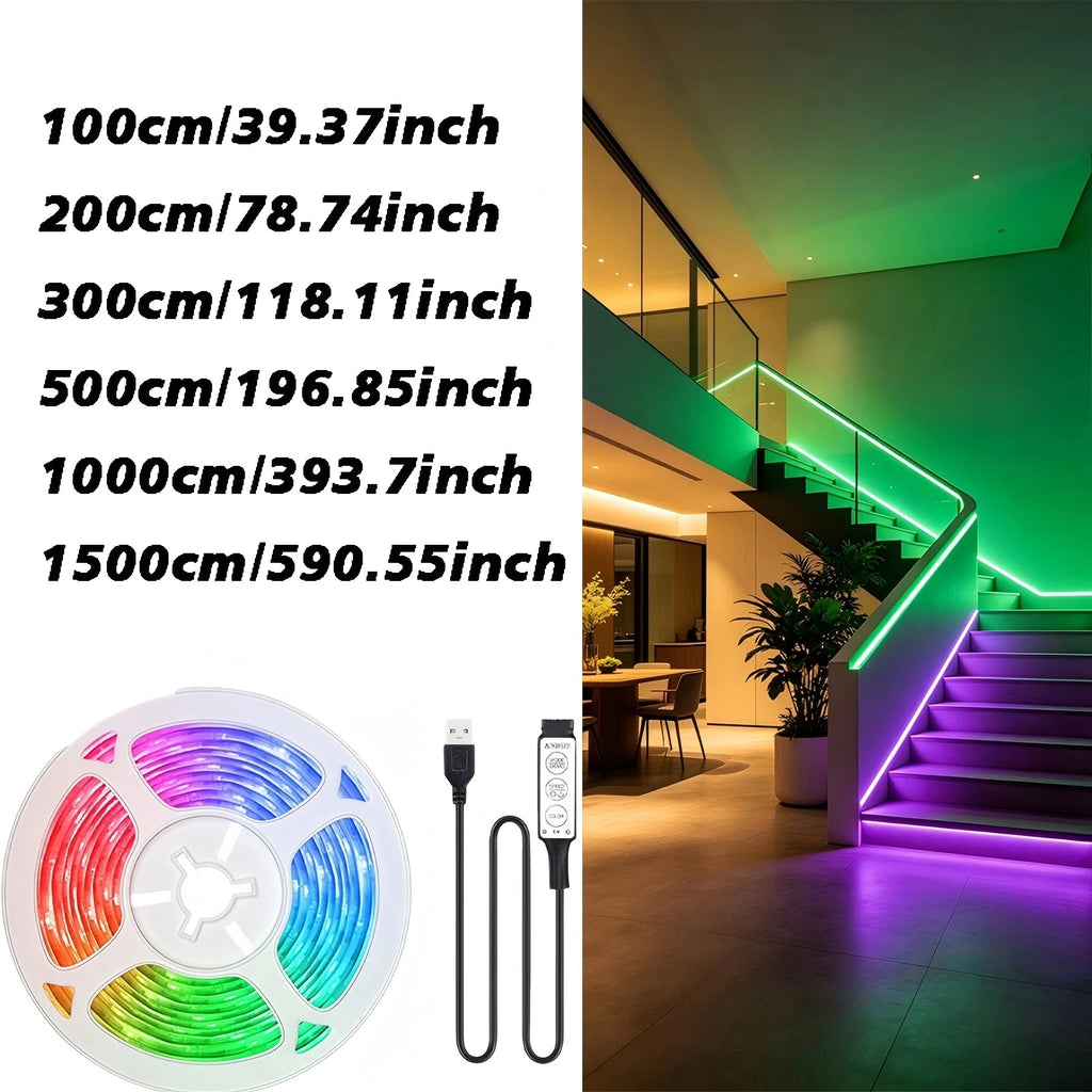 5V RGB light strip with 3-button control, USB powered, suitable for game rooms, living rooms, bedrooms, and holiday decorations.