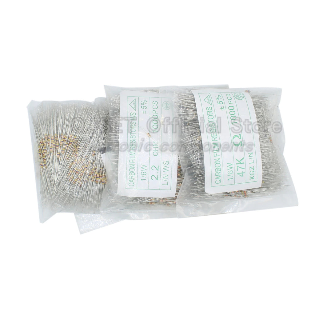 1000pcs 1/8W 1/6W Carbon Film Resistor 5% 0.125W 1K 4.7K 10K 22K 47K 100k 200k 220k 510k 470K 1M Ohm 10 100 200 220 330 470 Ohms