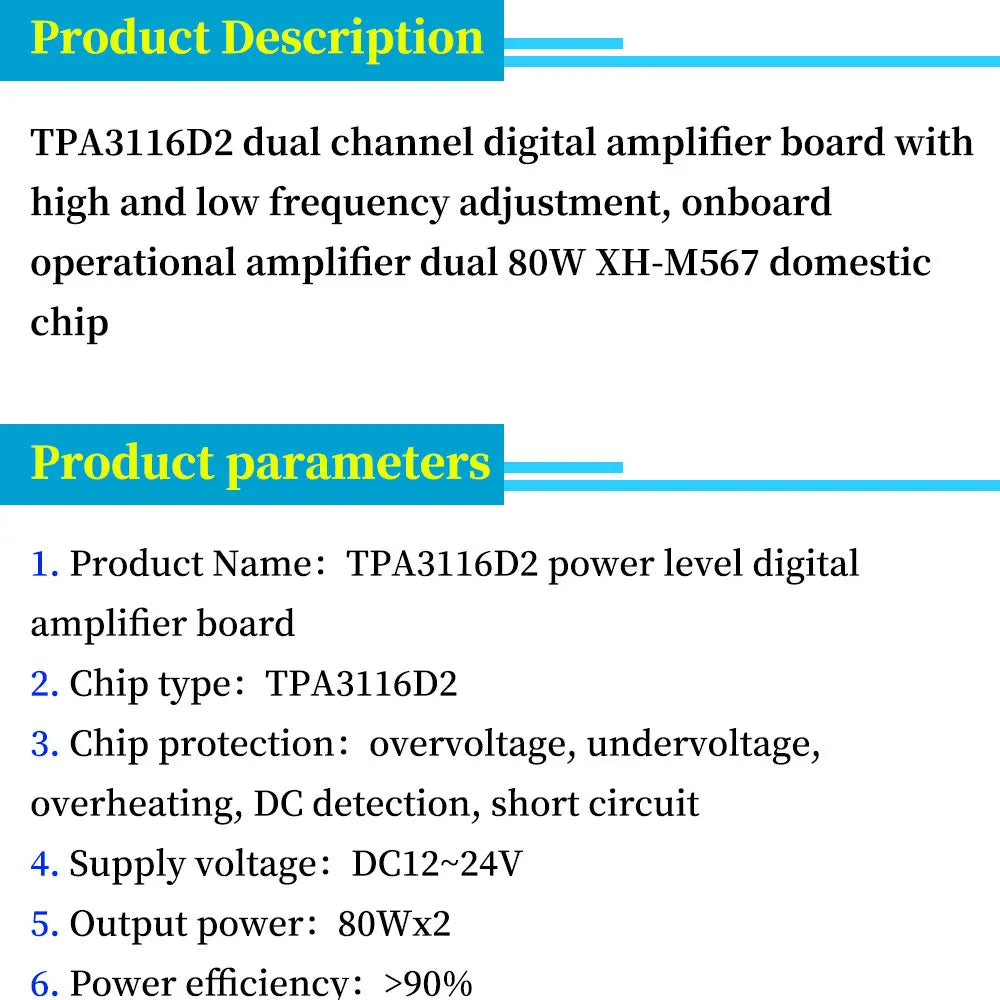 Liludin DC 12V 24V 80W X 2 Dual Channel Digital Audio TPA3116D2 Treble Bass Regulating Preset Pre Amplifier Board Module XH-M567