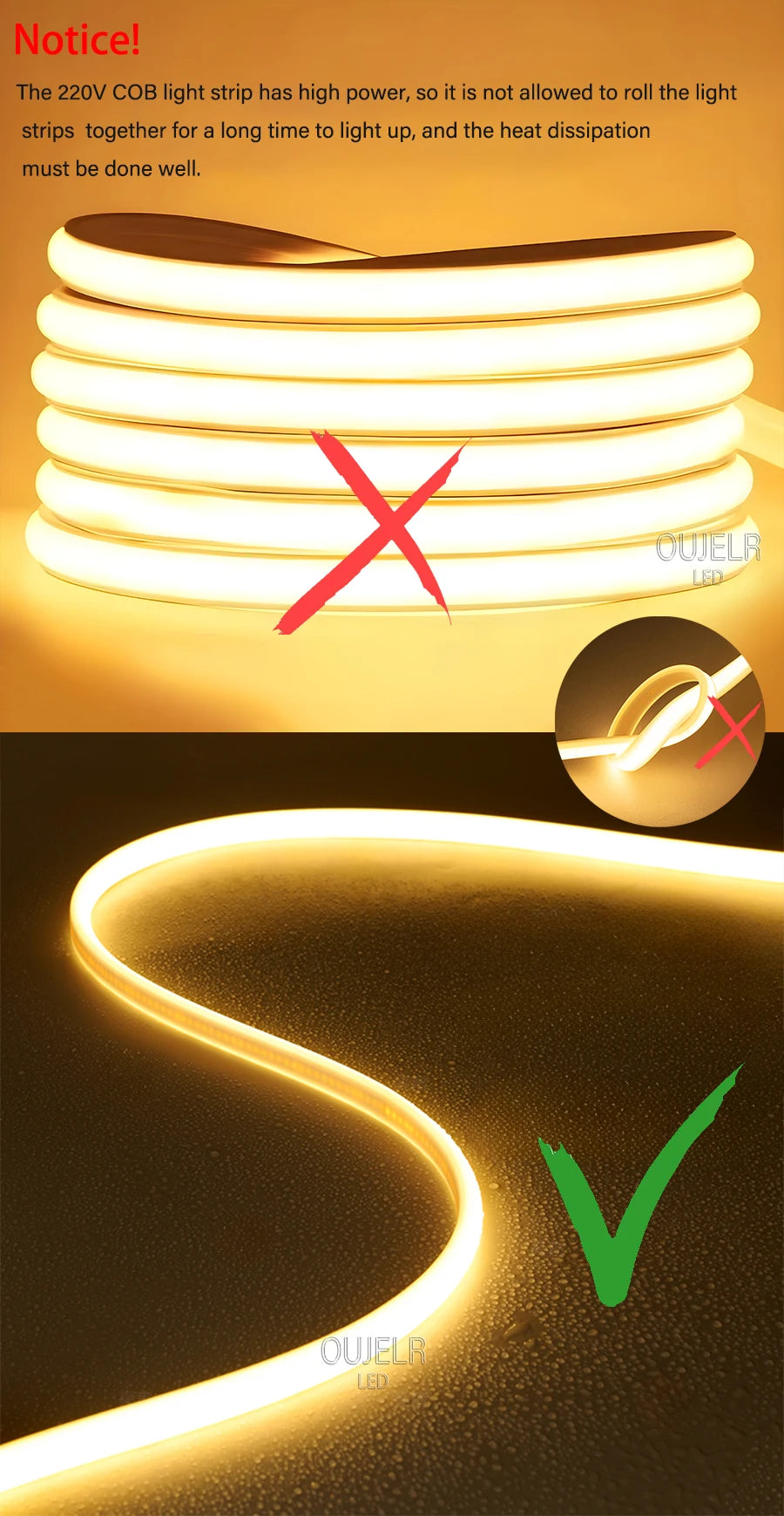 220V COB LED Strip Light High Bright Switch/Dimmable US 110v EU Plug Neon Tape Kitchen Cabinet  lighting Waterproof garden