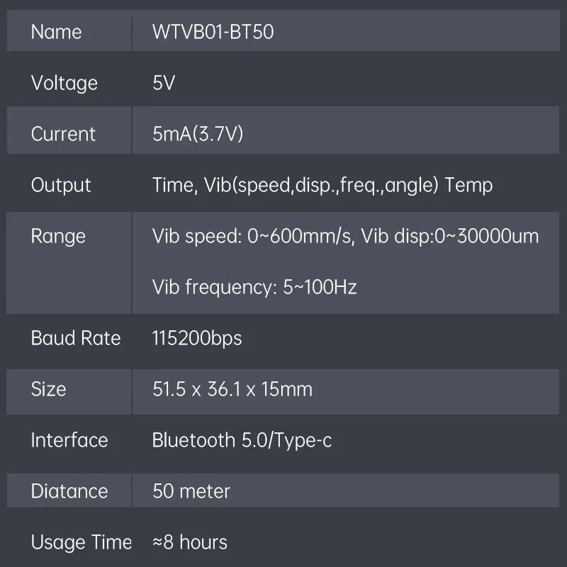 WitMotion WTVB01-BT50 Bluetooth 50m Multi-connected Vibration Sensor, 3-axis Vibration Displacement + Speed + Amplitude+Angle