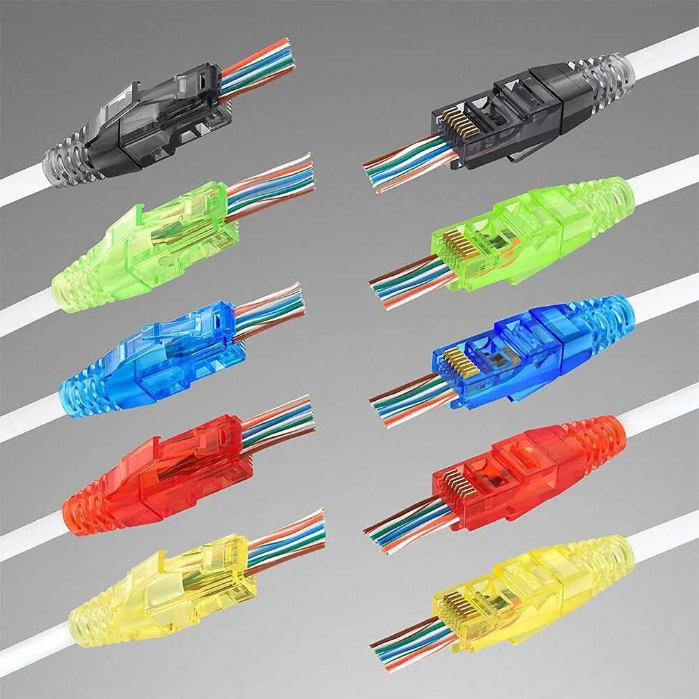 100Pcs/set RJ45 Cat6 Pass-Through Connector and Strain Relief Boot Pack, Various Colors for Crimping Modular Plugs