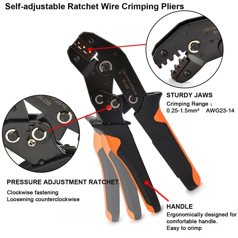 SN-28B Dupont Terminal Crimping Tool 0.25-1.0mm² AWG 23-17 Ratchet Wire Crimper for JST Molex Open Barrel Connectors