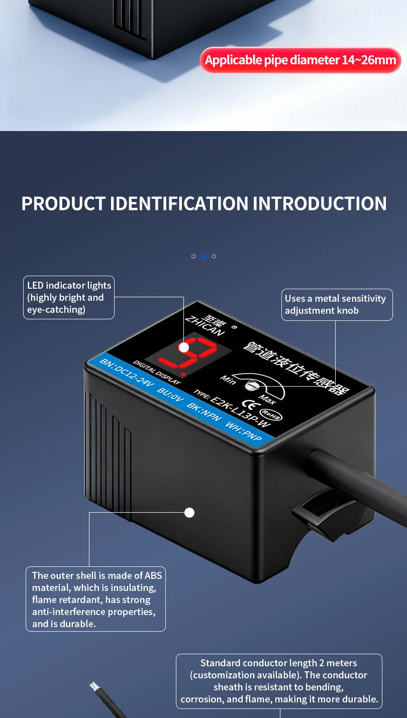 ZHICAN E2K Non Contact Capacitive Liquid Level Sensor Pipe Water Tank Full Empty Detection Alarm Switch