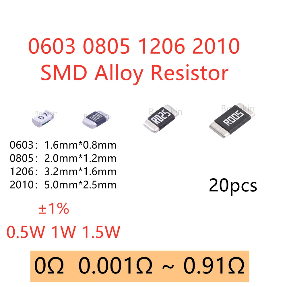 20pcs 0603 0805 1206 2010 SMD Alloy Resistor 1mR 0.002R 0.003R 0.005R 0.01R 0.02R 0.03R 0.04R 0.05R 0.06R 0.1R 0.2R 0.47R 0.5R