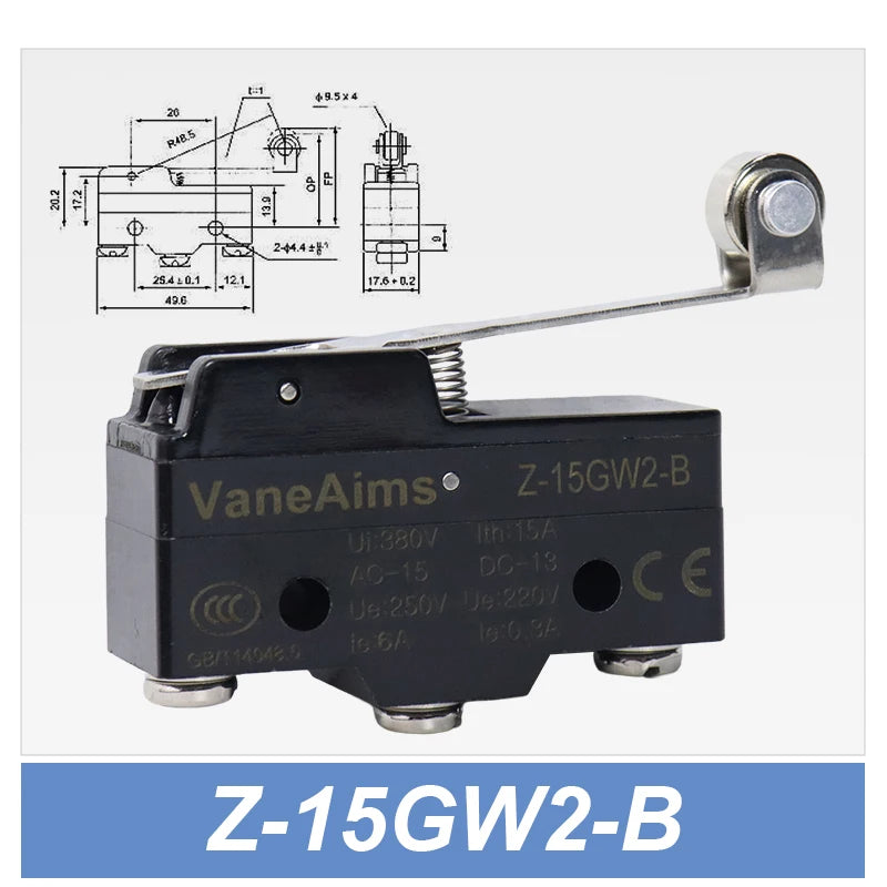 Z-15 Micro Limit switch Travel Switch Small Horizontal Roller Lever 15A 250V 1NO1NC Normally Open Normally Closed Travel Switch