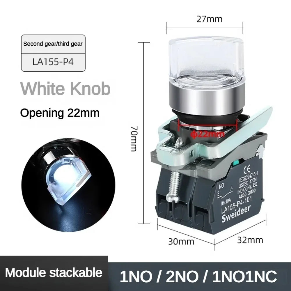 XB4 Knob Switch with Light 22mm 2/3Position Self Locking 1NO/2NO/1NO1NC Select Rotary Switch with LED 12V 24V 220V 10A Red Green