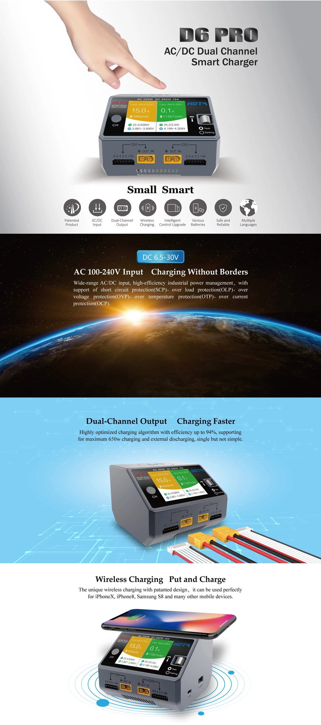 HOTA D6 Pro AC/DC Dual Channel Smart Balance Charger AC200W DC650W 15A for LiPo LiHV NiMH NiCd RC Drone