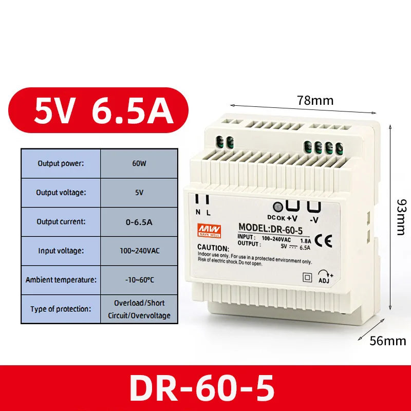 DR-60W Output 5V 12V 15V24V DIN Rail Switching Power Supply 24V DC 220V to 12V Transformer 5V Module Power Supply Box