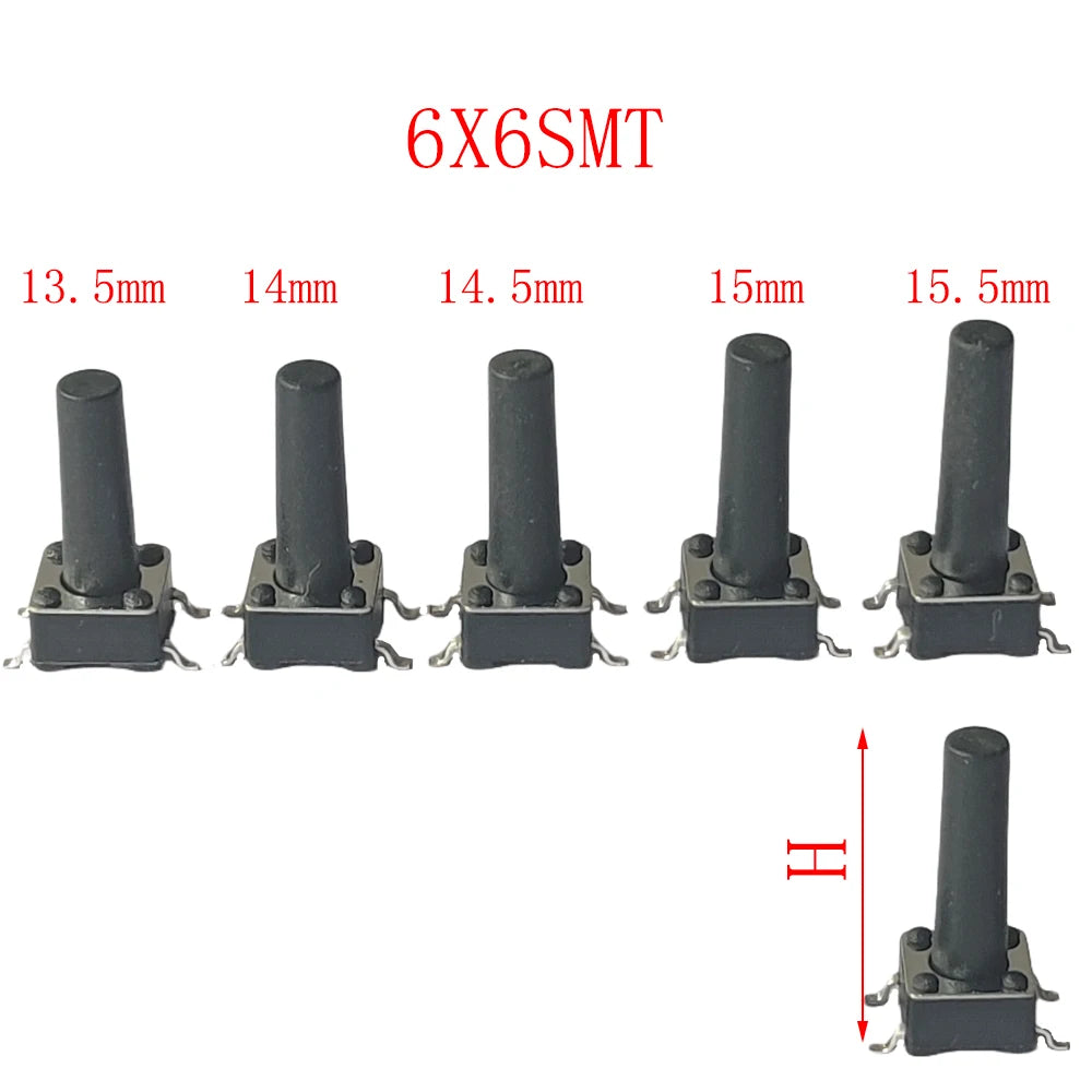 50pcs Momentary Tactile Push Button Click Switch 6X6mm H=4.3/4.5/5/6/7/8/9/10/13mm~25mm 4Pin SMT PCB Mounting