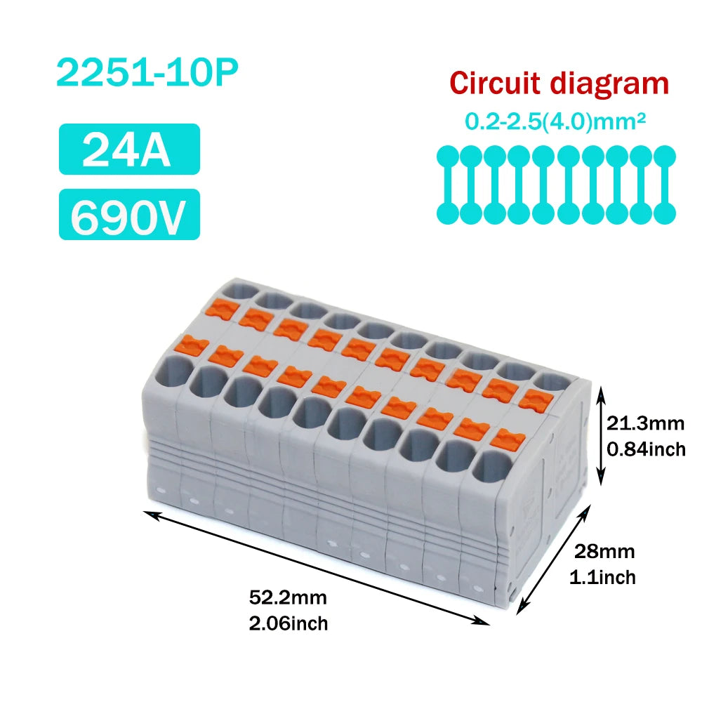 Wire Electrical Connectors Wire Push-in Terminal Block multiple in multiple out Connector Mount On Din Rail with fixing Hole