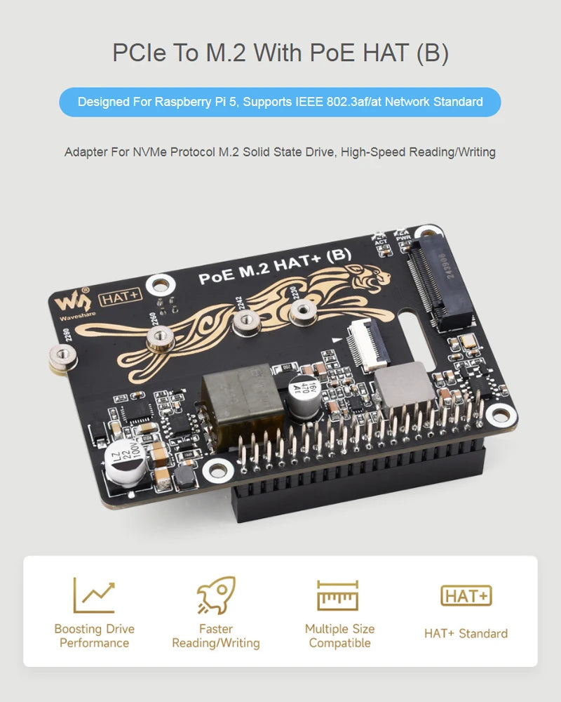 Raspberry Pi 5 PCIe To M.2 With PoE HAT (B) Supports NVMe Protocol M.2 Solid State Drive High-speed Reading Writing Pi 5 PoE HAT