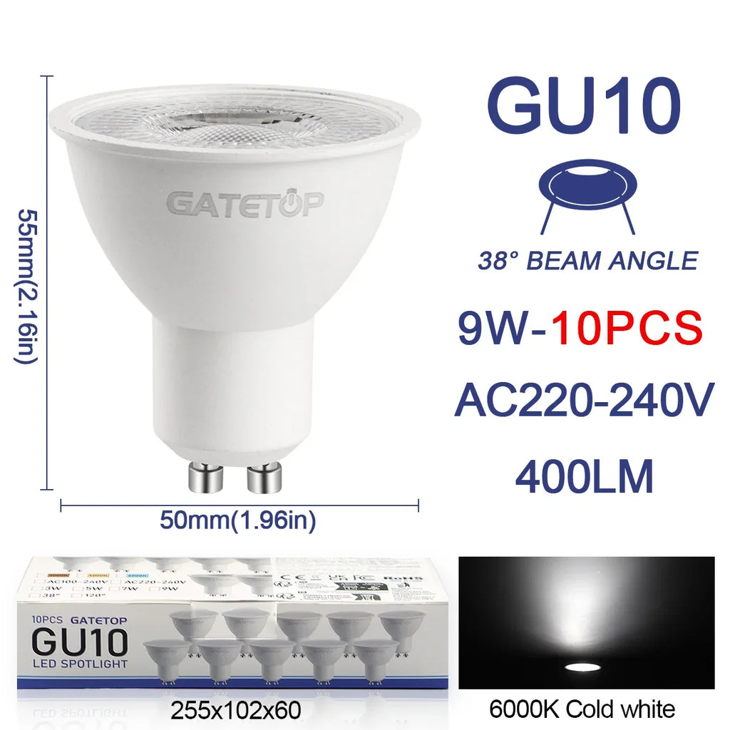 10 Pack Focos Gu10 Spotlight Lampara 220V Led Bulb Wholesale 9W White Warm 3000k 6000K Suitable for Home Commercial Buildings