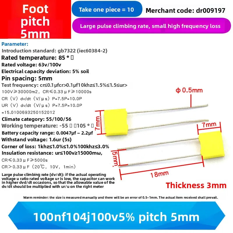 10PCS 100V Correction Capacitor Polypropylene Safety Plastic Film 100V 1nF ~ 470nF 100nf 220nf 10nf 47nf 22nf 1nf 0.47uf 0.1uf