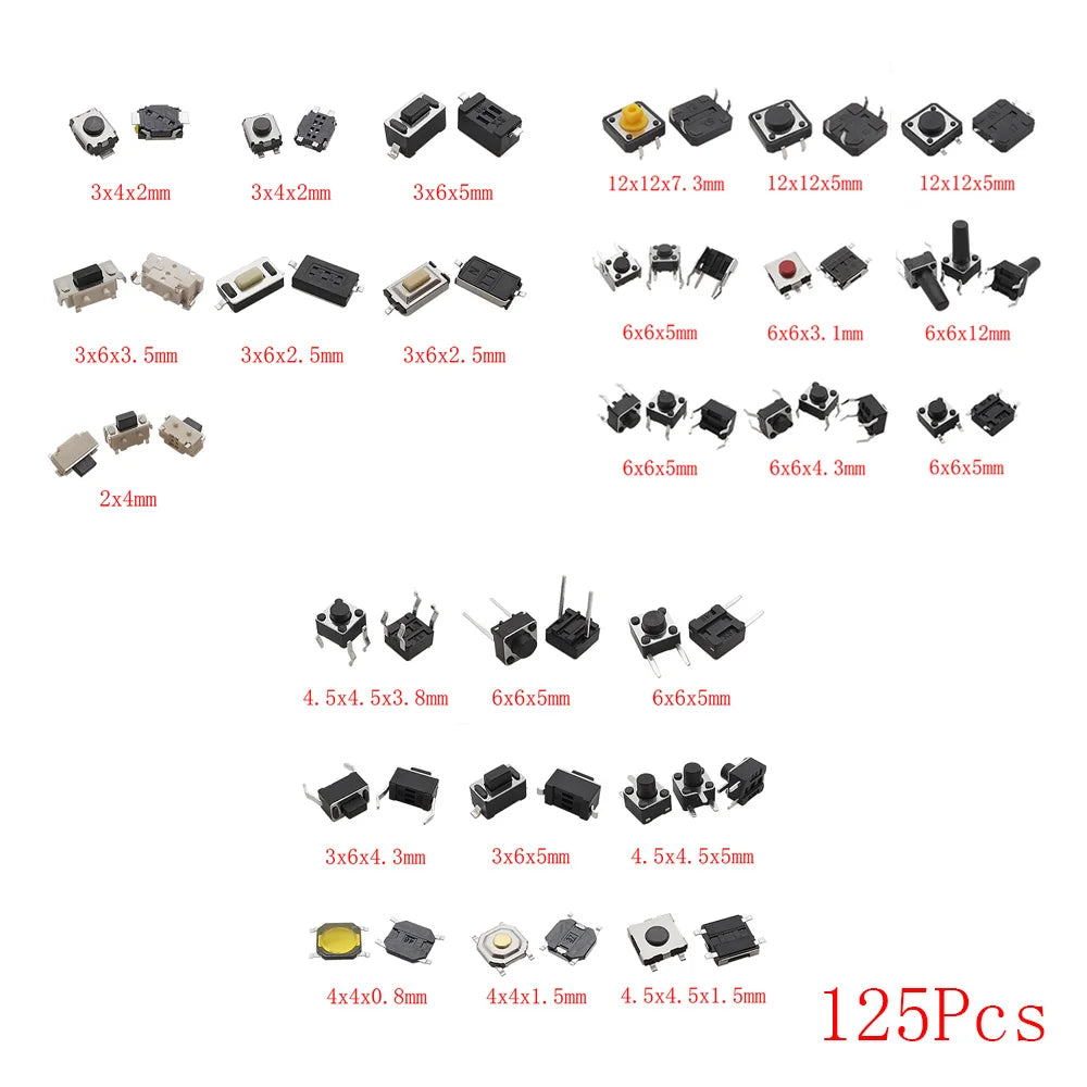 SMD DIP Micro Momentary Tact Switch Self-reset Push Button Micro Switch Assortment Kit for Car Remote Control Tablet