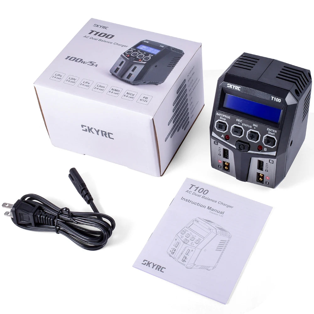 SKYRC T100 AC Lipo Battery Balance Charger Dual 5A 2X50W for 2-4S NiMH / NiCd / LiPo / LiFe / Lilon / LiHV  RC Car Charger