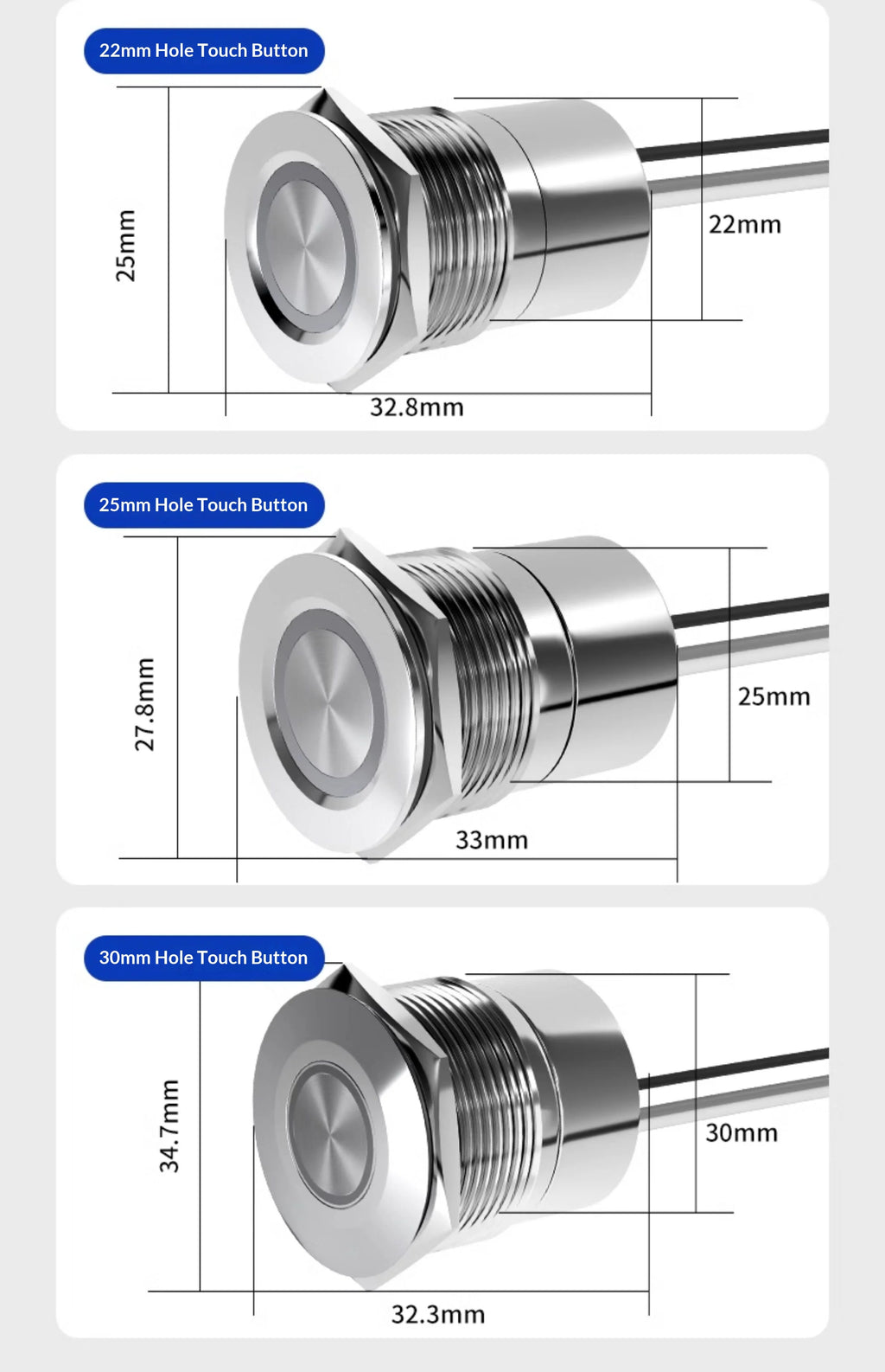 Metal touch sensor switch Stainless steel button jog delay self-locking IP68 waterproof 16/19/22/30mm