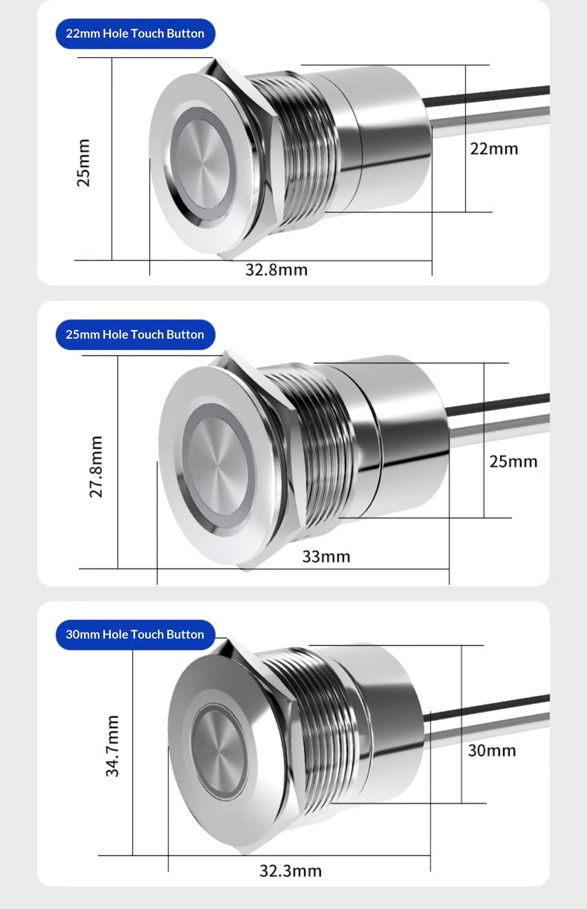 Metal touch sensor switch Stainless steel button jog delay self-locking IP68 waterproof 16/19/22/30mm
