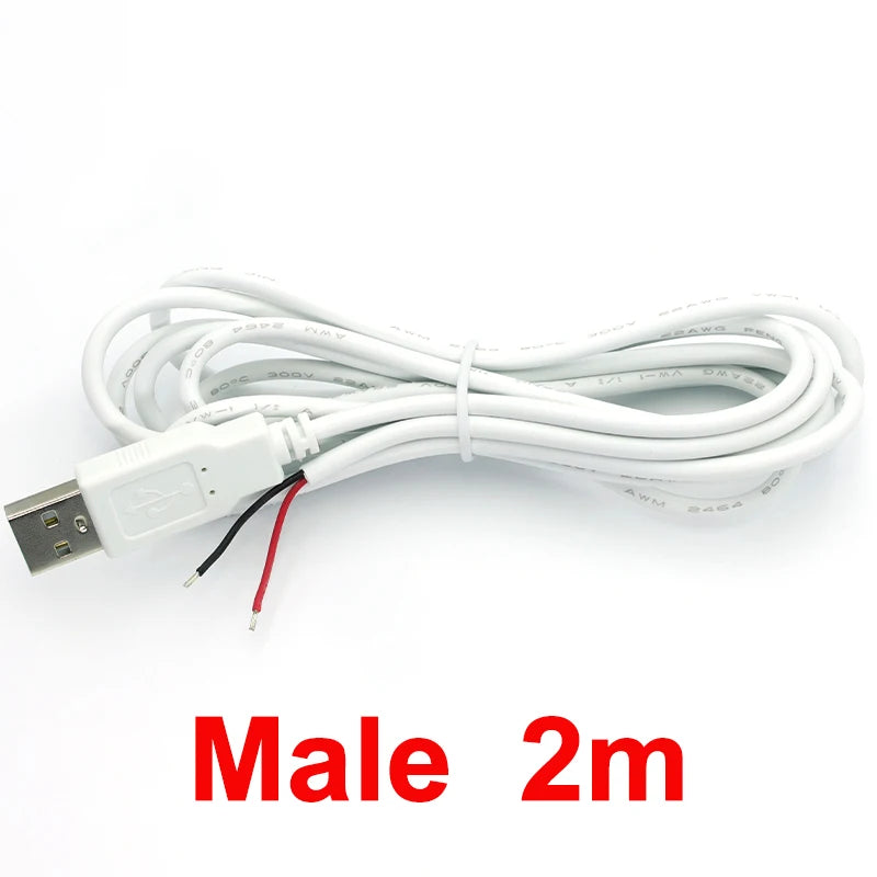 0.3m/1m/2m USB Power Supply Cable 2 Pin USB 2.0 A Female Male Charger Charging Cord Extension Connector DIY White Wire