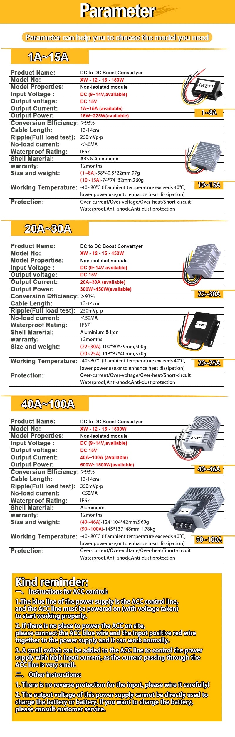 12V to 15V Step-Up Boost DC-DC Converter 1~100A Voltage Regulator Module for Solar Inverter Hybrid Systems