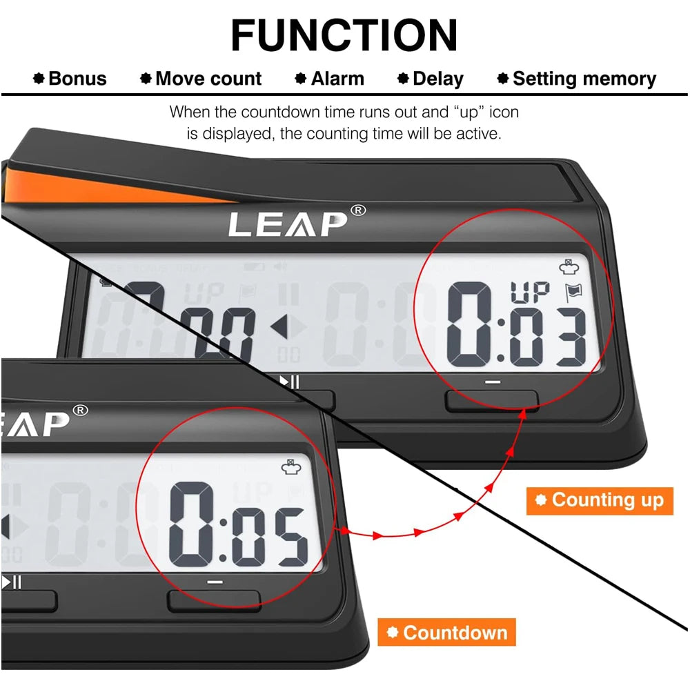 LEAP PQ9917 Chess Clock Digital Chess Timer for Board Game and Chess Timer with Bonus & Delay Count Down up Alarm Black/Orange